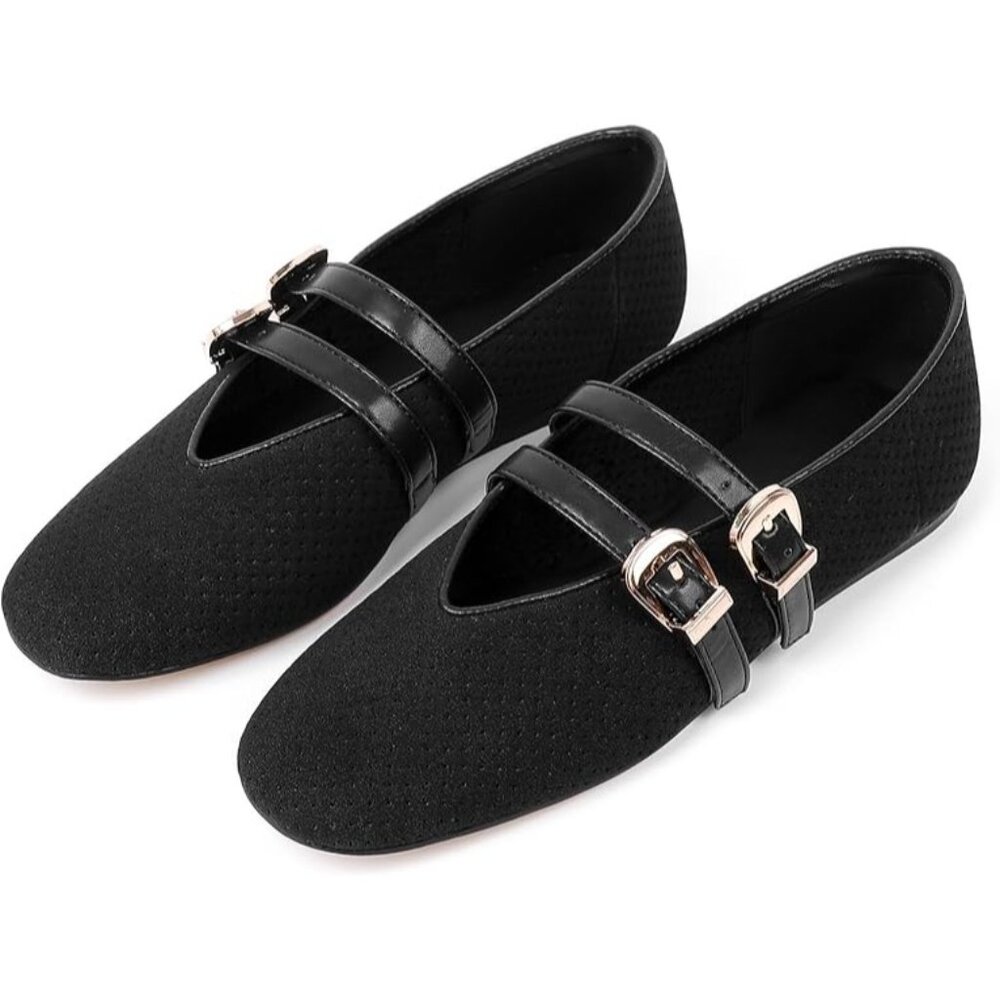 Goupsky Size 10 Ballet Flats Womens Black Suede Mesh Buckle Soft Adjustable